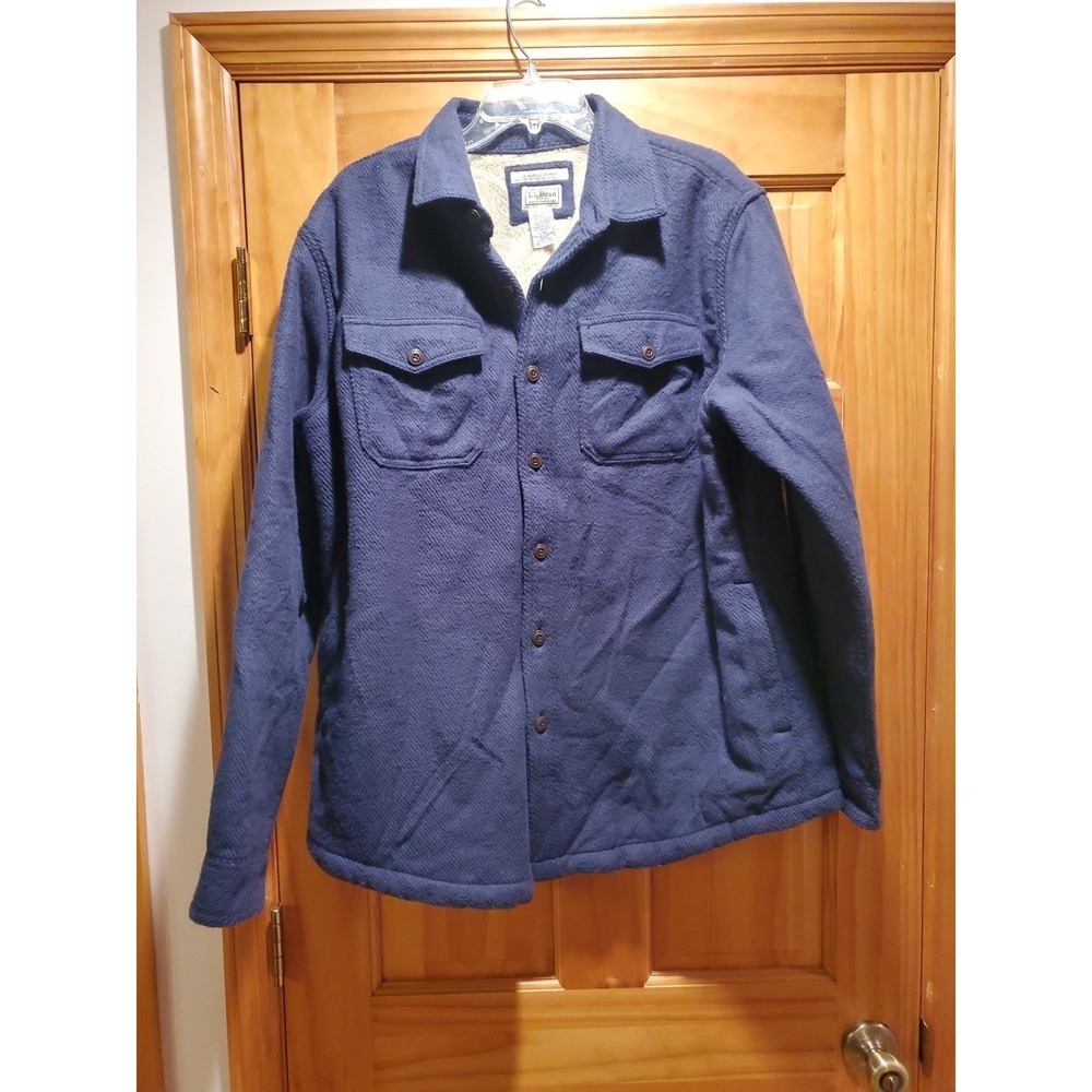 LL Bean Sherpa Lined Slightly‎ Fitted Blue Flannel Jacket Mens Size L
